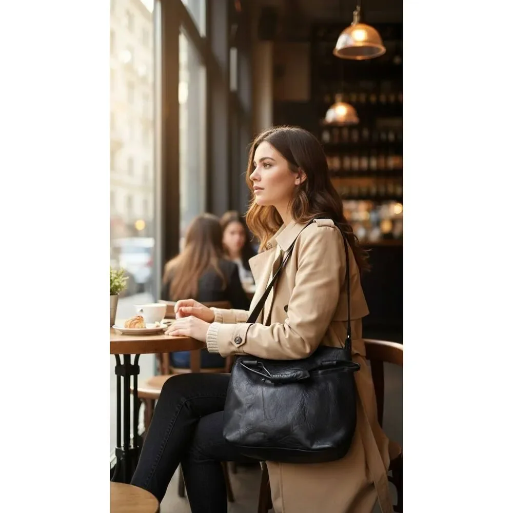 Black distressed leather hobo bag